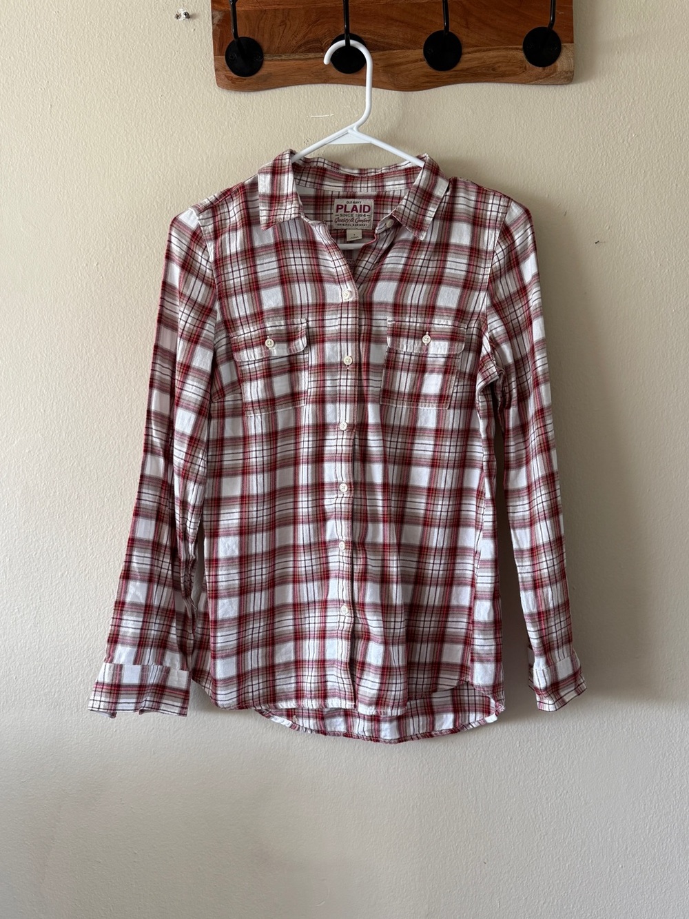 Old Navy Maroon Tan Plaid Flannel Button Up Shirt 100% Cotton Long Sleeve Size S